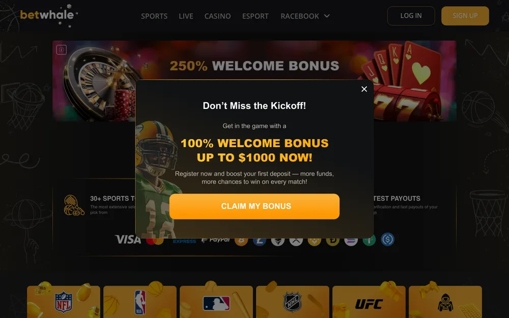 BetWhale casino site and 250% up to about $2,500 welcome offer for Wisconsin players