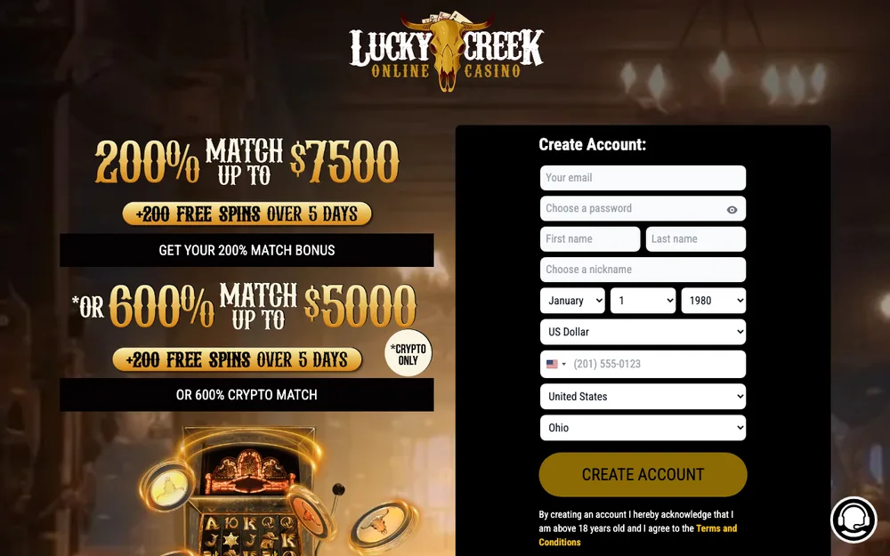 Lucky Creek casino site and Welcome match + free spins welcome offer for Wisconsin players