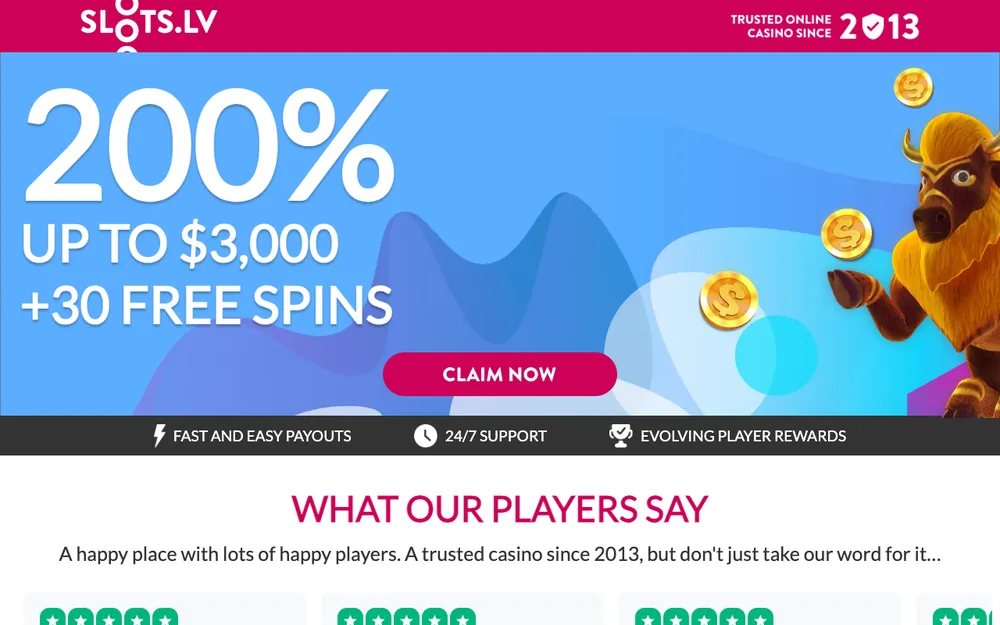 Slots.lv casino site and 200% up to $3,000 + 30 spins welcome offer for Wisconsin players